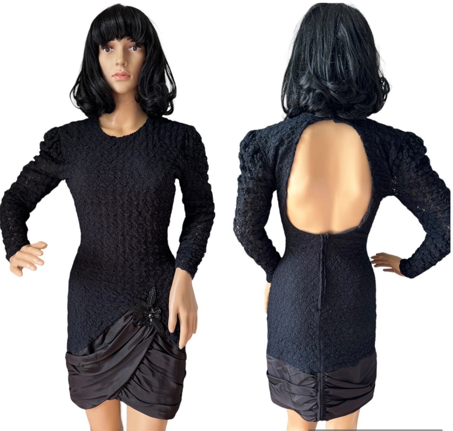 Vintage 80's Diamond's Run By Wayne Diamond Sequin Beaded Black Dress X-Small